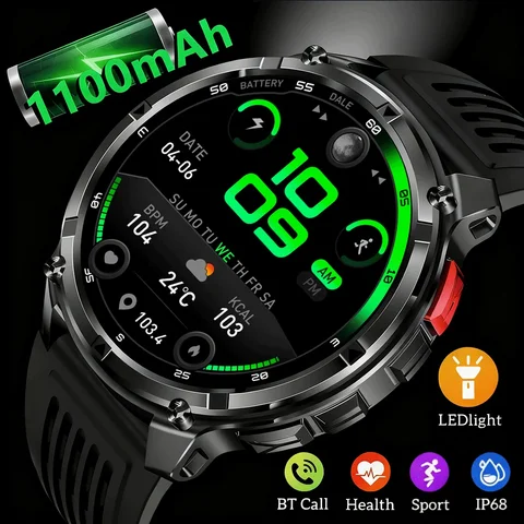 1100mAh Large Battery Smartwatch Men Flashlight Compass 1.7'' HD Screen Outdoor Sports Voice Assistant Wireless Call Smartwatch