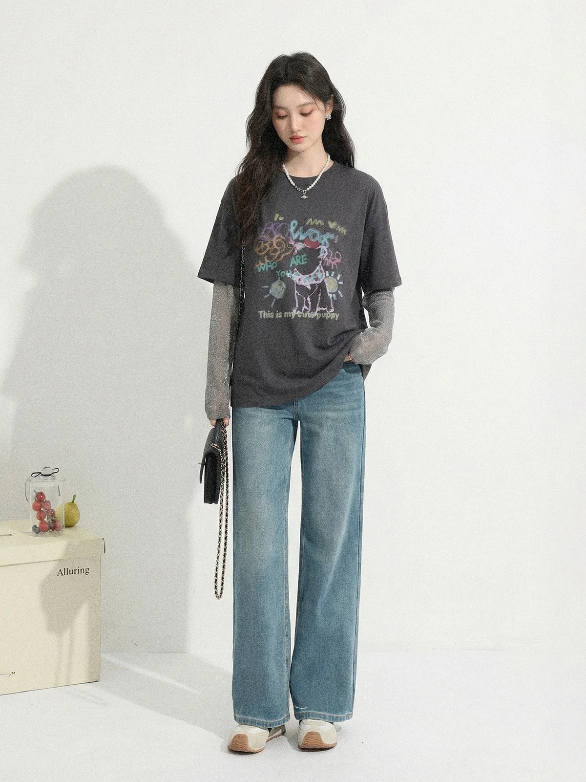 

Gray round Neck Printed Long Sleeve T-Shirt Women's Loose Fit Fake Two-Piece Design Spring Summer New Arrival Commute Style