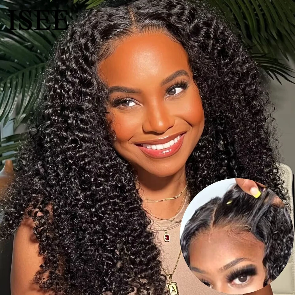 

ISEE Hair Kinky Curly Wigs Wear And Go Glueless Human Hair Wig Deep Curly 6x4 HD Lace Front Wig PrePlucked Lace Closure Wig