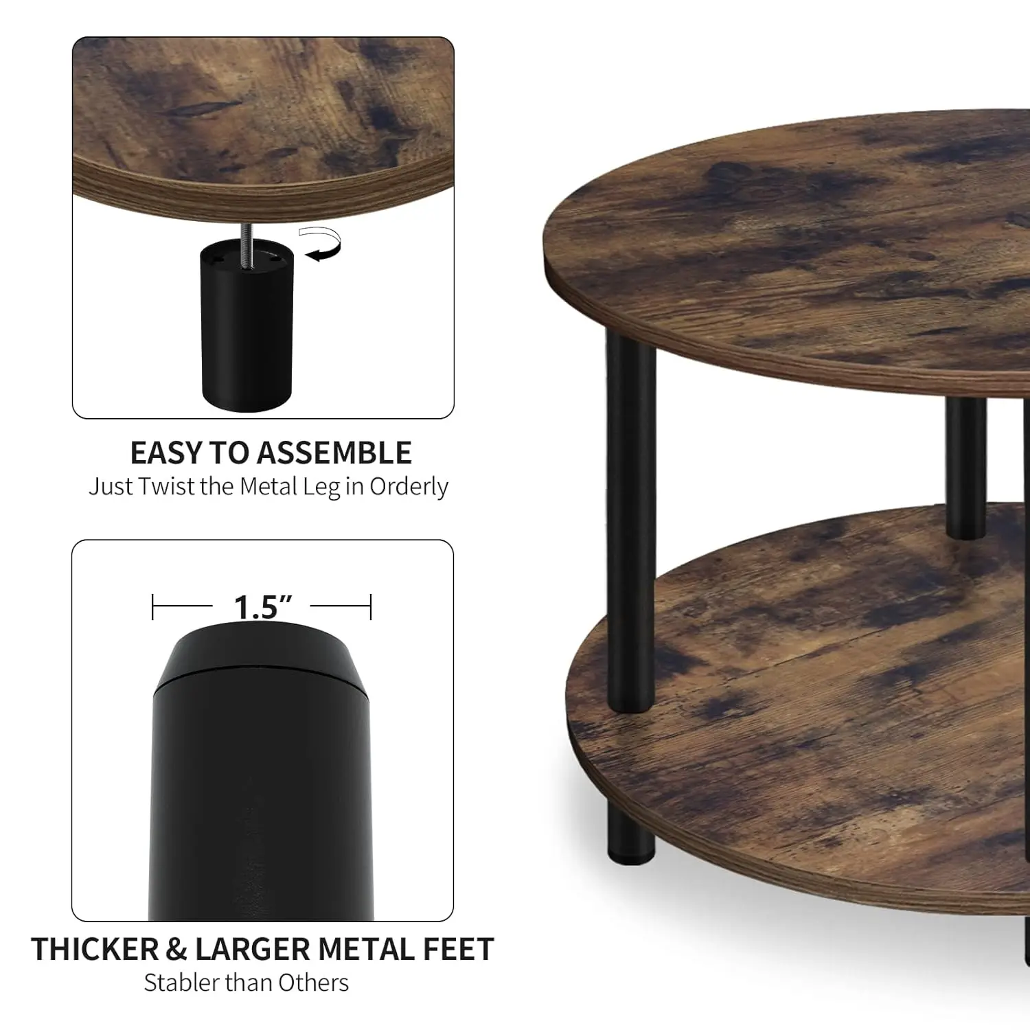 طاولة قهوة مستديرة صغيرة للمساحة الصغيرة، طاولة قهوة خشبية بنية ريفية بطبقتين مقاس 23.5 بوصة مع مساحة تخزين مفتوحة لغرفة المعيشة/الشرفة