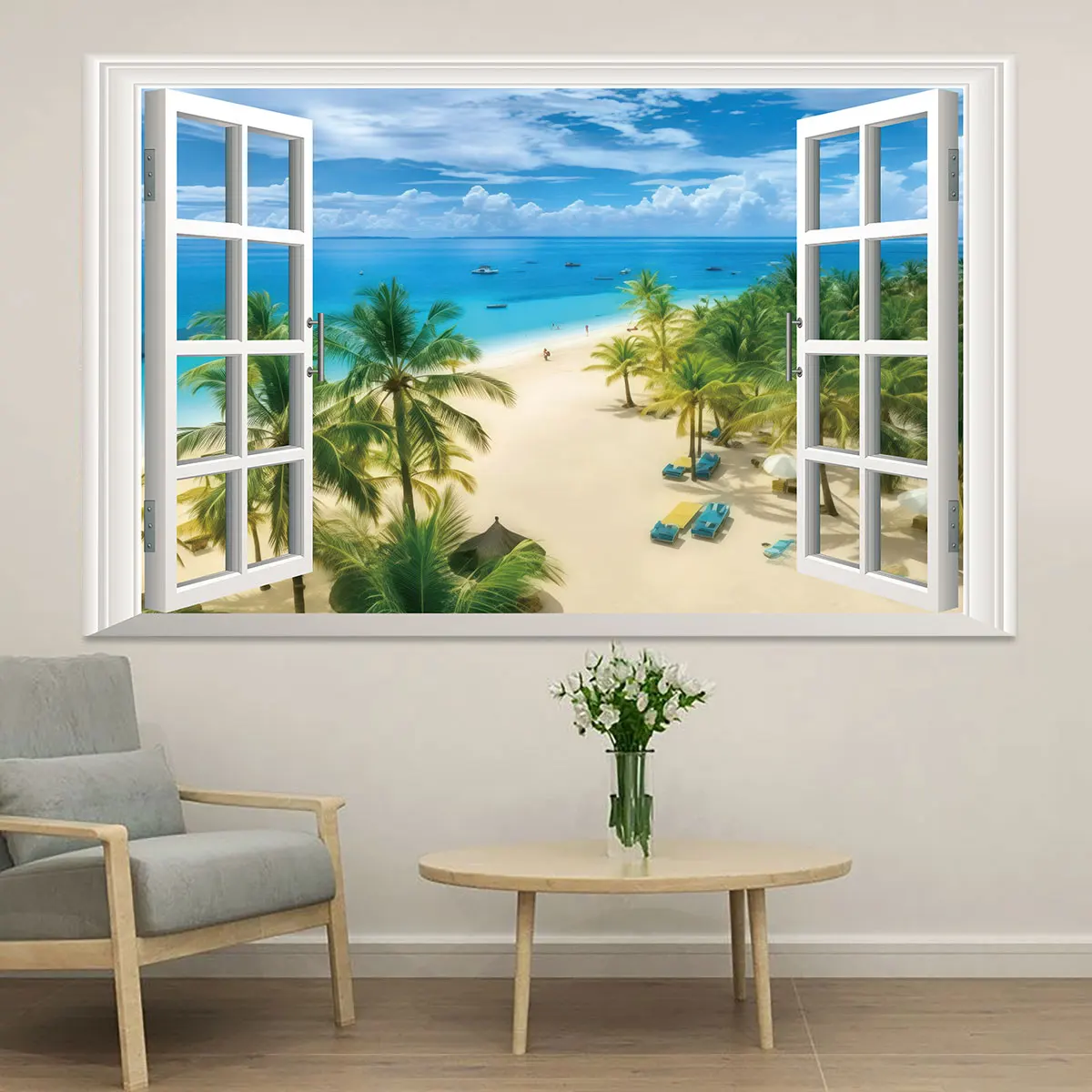 1pc Fake Window Sea View Beach Coconut Grove PVC Self Adhesive Wall Sticker Living Room Bedroom Home Wall Art Decoration