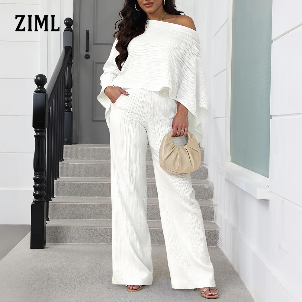 

ZIML Folds Two Piece Sets for Women Diagonal Collar Off The Shoulder Sleeve Short Top High Waist Loose Pant Chic Set Female New
