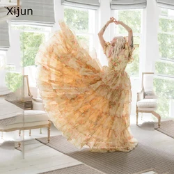 Xijun Yellow Princess Evening DressesProm Dress Formal Birthday Party Dresses Ruffles Printed Prom Gown Puff Sleeves Prom Dress