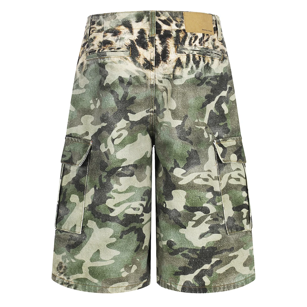 Men’s Camo Leopard Print Denim Shorts Vintage Streetwear Y2K Camouflage Bermuda Jorts Baggy Multi Pockets Cargo Jeans
