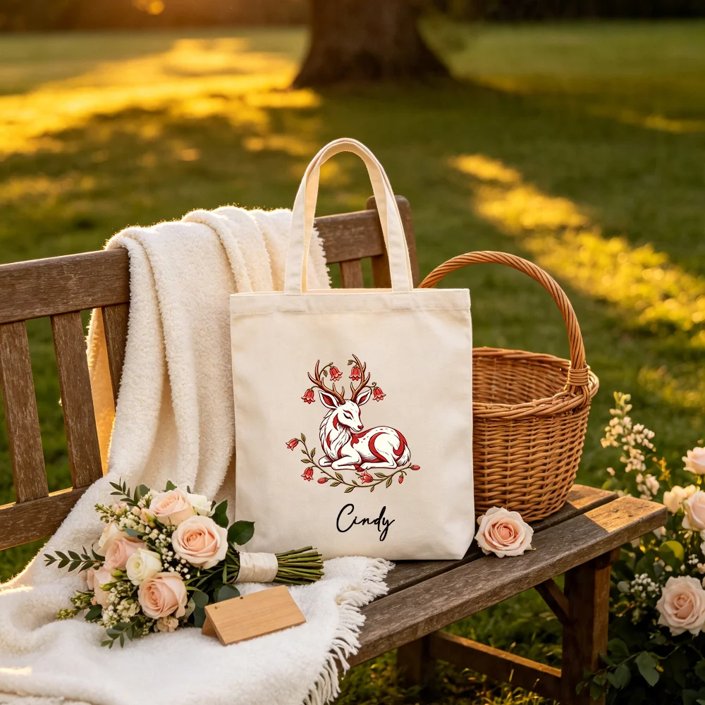 Custom Name Canvas Tote Bag, Personalized Floral Wreath Print Reusable Shoulder Bag Fantasy Forest Themed Gift for Women.