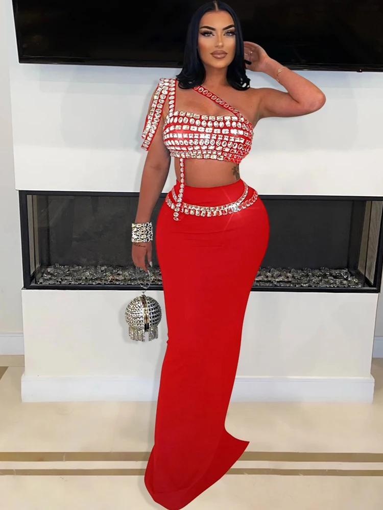 Summer Set Woman 2piece Matching Outfits Party Clubwear Sexy Strapless Crop Tops with Diamonds Evening Long Skirt Set