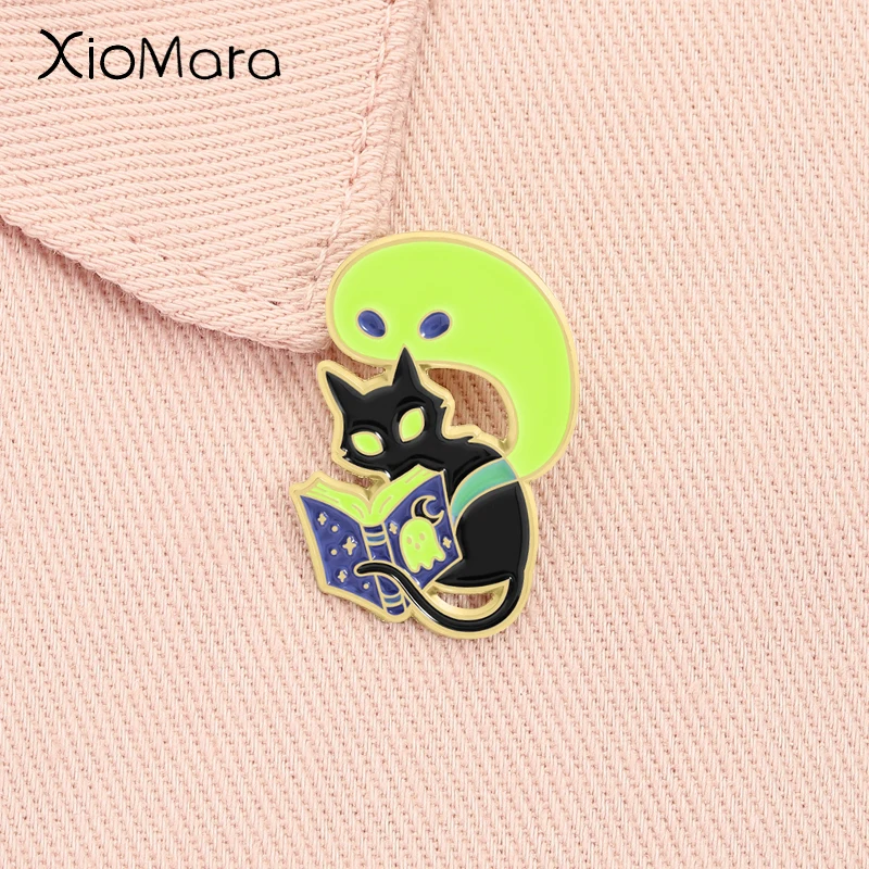 Spooky Cat And Ghost Reading Book Enamel Pin Ghost Stories Glow in the Dark Brooch Lapel Badge Halloween Jewelry Gift for Friend