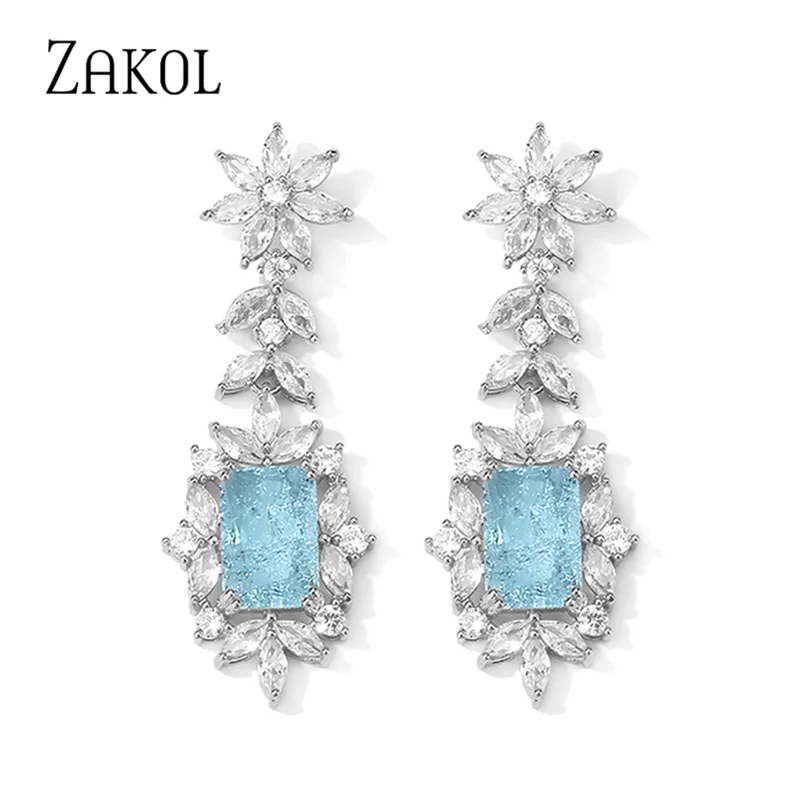 ZAKOL Vintage Square Leaf Cubic Zirconia Drop Earrings for Women Luxury Exquisite Royal Blue CZ Wedding Banquet Jewelry EP5361