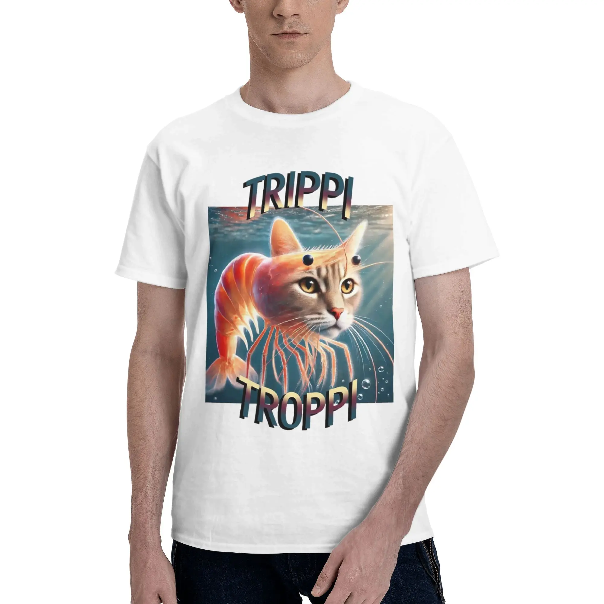 Trippi Troppi Cat Shrimp Graphic T Shirt Men Women  Pure Cotton  Tee Shirt Clothing