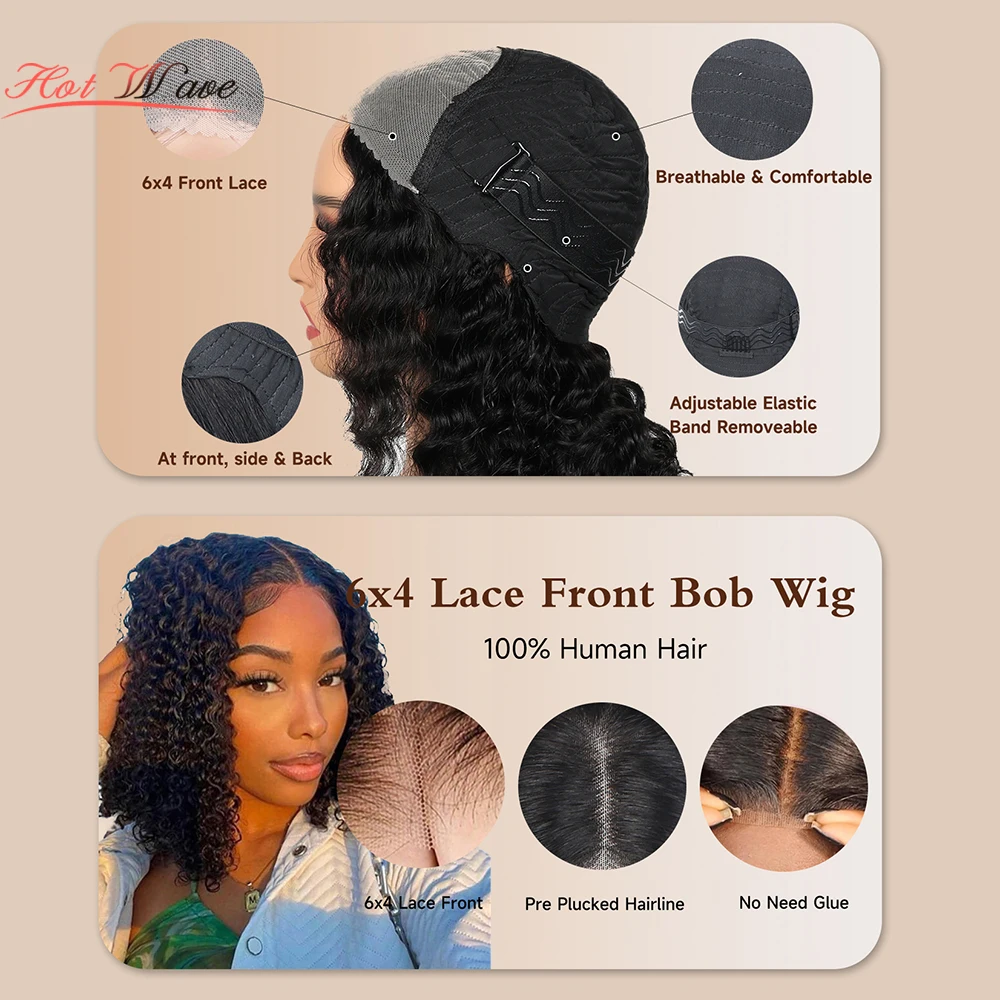 6x4Put On And Go Glueless Bob Human Hair Curly Wig Deep Wave Lace Front Wig Pre Plucked Pre Cut Lace Ready To Wear Natural Black