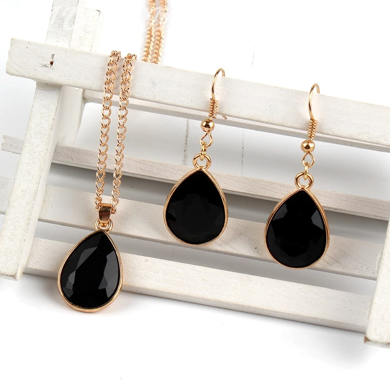 1 set Rose Gold colour Water drop Pendant Necklace & earrings Fashion Jewelry black