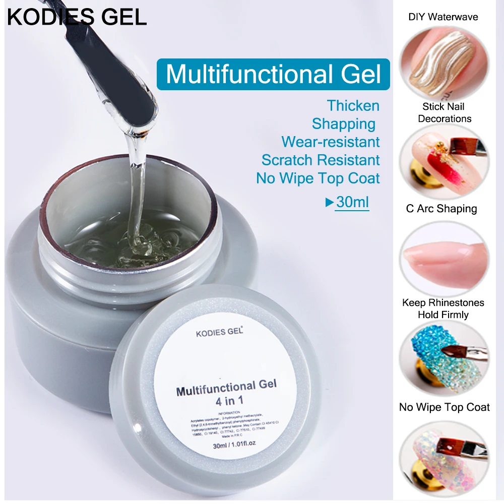 KODIES GEL 30ML Nail Glue Gel Nail Polish Top Coat 4 IN 1 UV Semi Permanent Strong Hard Poly Varnish Reinforce Rhinestones Glue