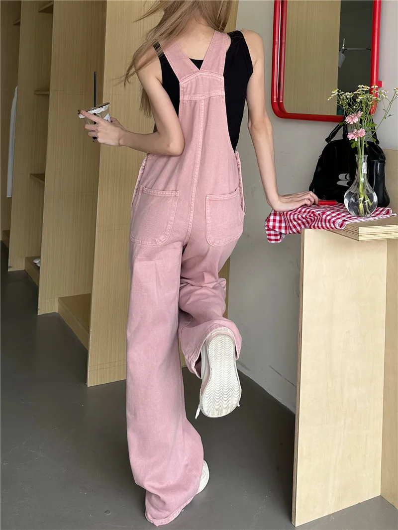 Pink Denim Overalls Women Summer 2024 Korean Style Pants Loose Wide Leg Jumpsuits Tide Casual All Match Women Draped Jeans