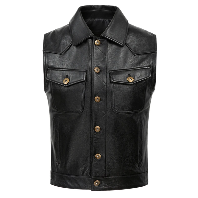 

Harley Sle Men's Faion Leather Vest Pure Top Layer Cowhide ort Flip Collar Slim Fit Autumn New Arrival Busin Casual
