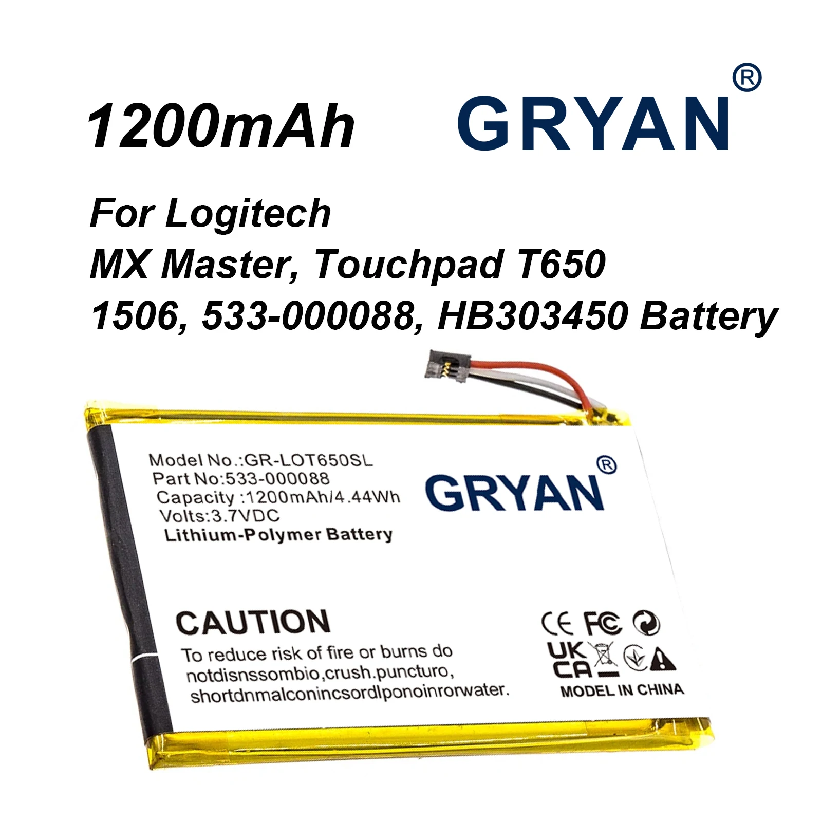 

Аккумулятор GRYAN 1200 мАч 533-000088, AHB303450 для Logitech Touchpad T650, MX Master, пожалуйста, проверьте разъем еще раз.