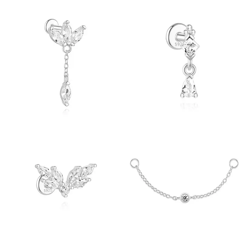 

LENNIK White Gold Single S925 Silver Earring Women clover water droplet flat bottom tassel zircon piercing sweet earring עגילים