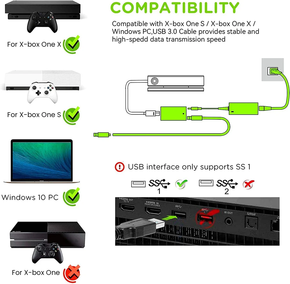 Kinect Adapter for Xbox One S, Xbox One X, Windows PC - Power Supply for Xbox 1S, 1X Kinect 2.0 Sensor  PC Windows 10, 8.1, 8