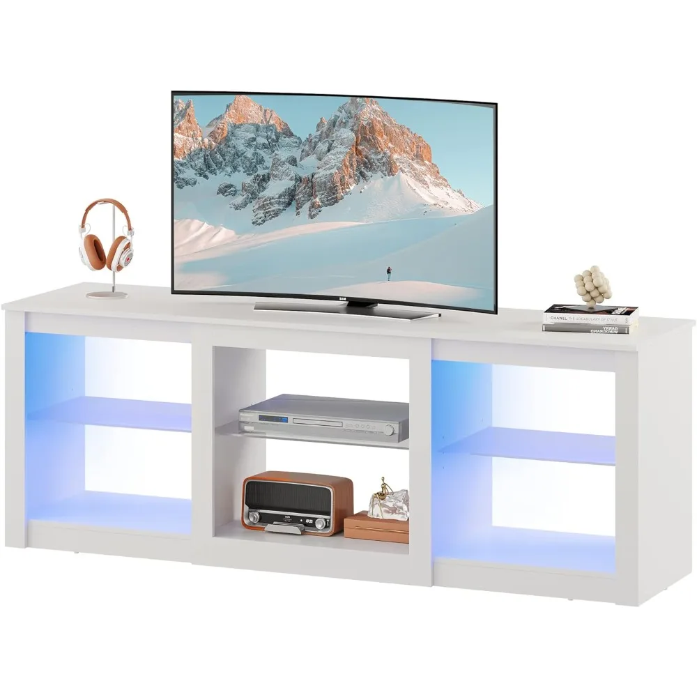 Tv-Standaard Voor 65 Inch Tv, Entertainmentcentrum Met Verstelbare Glazen Planken, Led Tv-Console, Tv Staat Voor Woonkamer, Wit