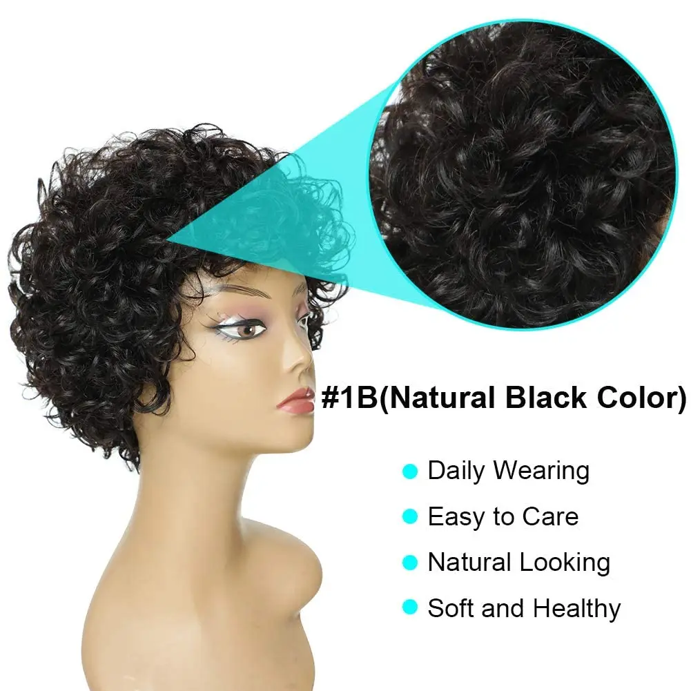 6inch Short Curly Wigs for Women Human Hair Pixie Cut Bouncy Curly Human Hair Wigs 180% Density Natural Black Color