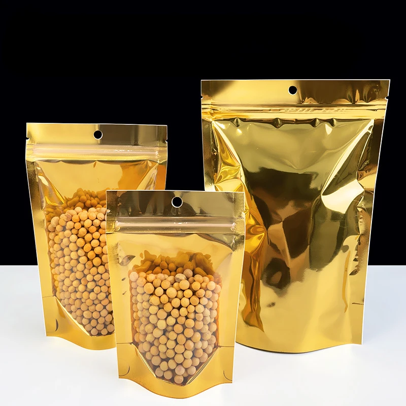 100 قطعة من رقائق الألومنيوم الذهبية مع فتحة تعليق للمكسرات والوجبات الخفيفة والمواعيد الحمراء وحقيبة التعبئة والتغليف القابلة للغلق بسحاب