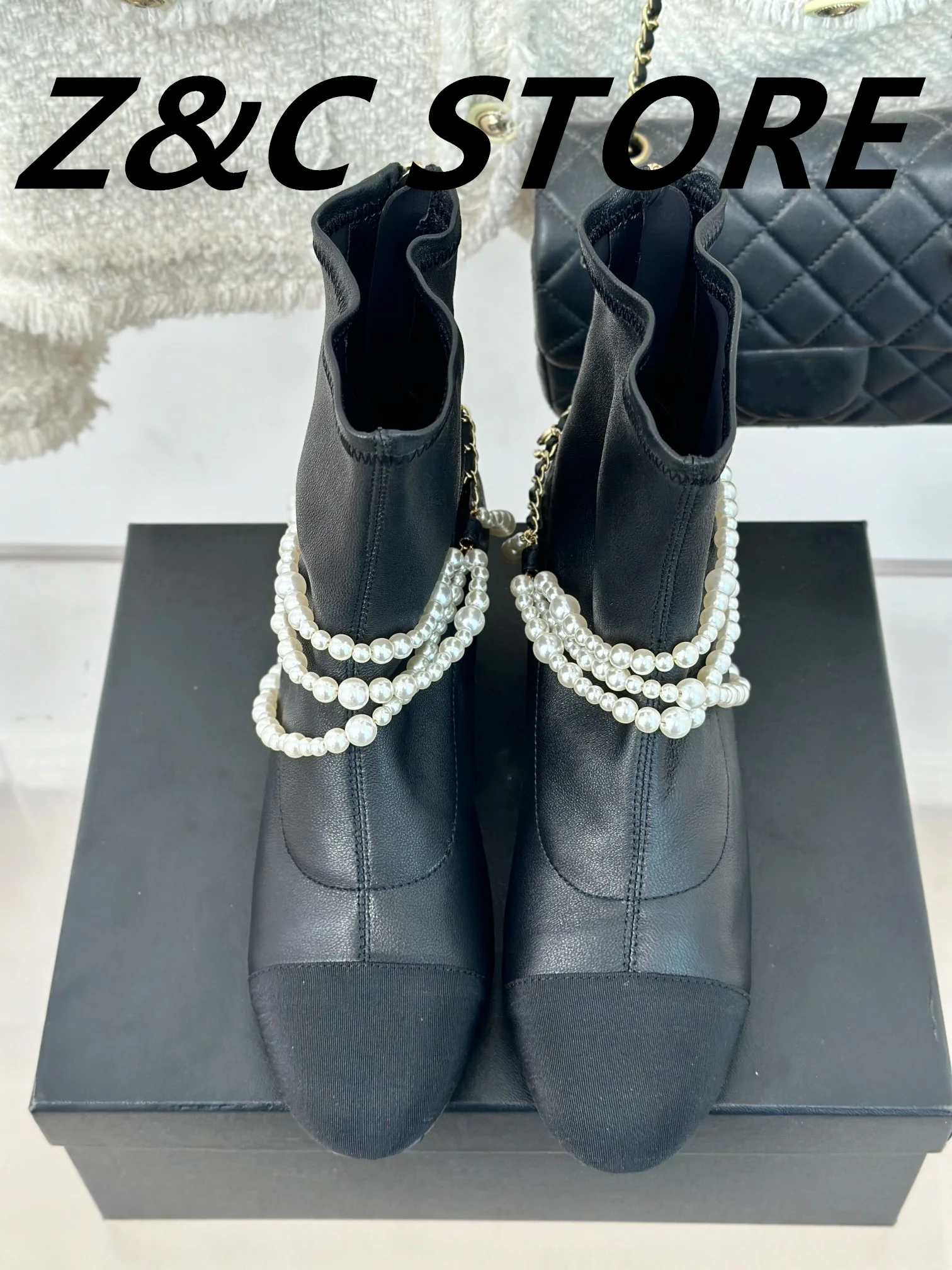 Autumn and winter new colourful pearl chain boots rhinestone stars beaded round head thick with fashion elegant boots