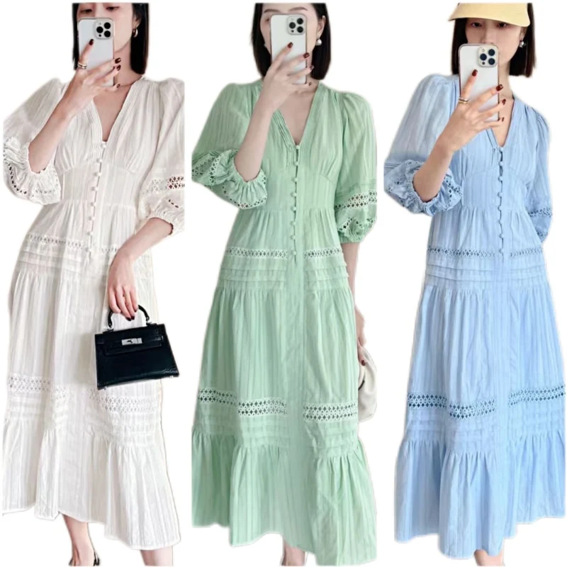 

French Luxury Long Dress for Women V Neck Puff Sleeve Hollow Out Loose Green White Blue Dress Summer Autumn Vestidos Femme