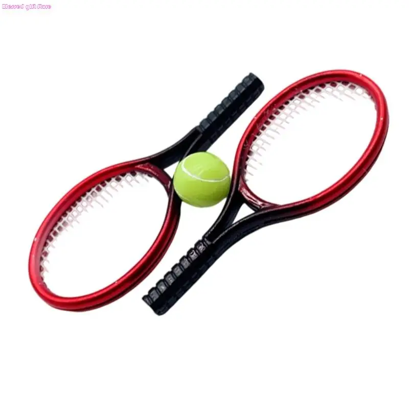 Racket tennis miniature D0JC Accessoires d'équipement sport balle pour maison poupée Définition des enfants