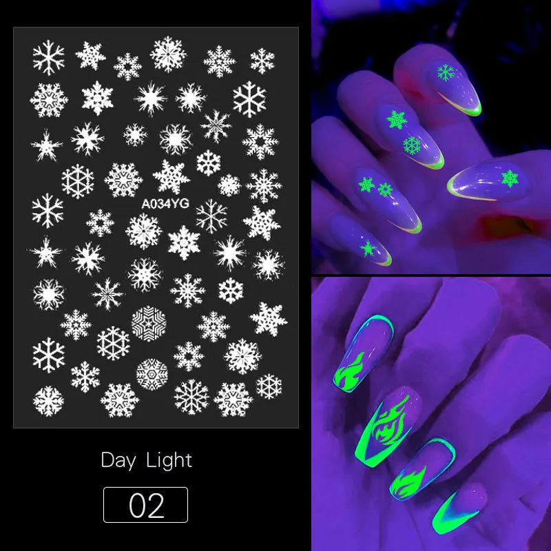 1 Sheet Luminous Effect Nail Sticker Christmas Snow Designs Butterfly Fire Slider Decals Nails Foil Manicure 3D Tips Decorations