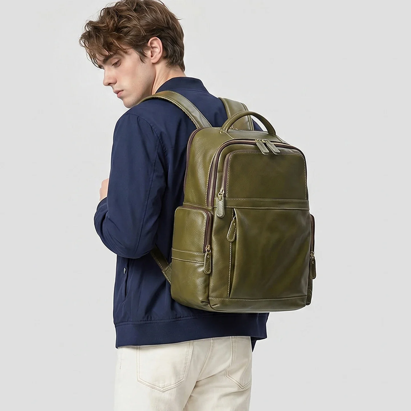 Premium Full Grain Leather Backpack Men Women College School Bookbag Business Commute Travel Laptop Bag Simple Style Casual Bag