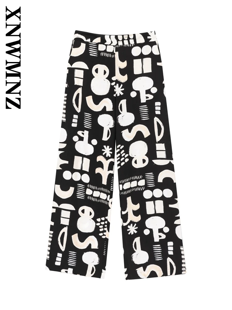 

XNWMNZ 2025 Summer New Lady Hipster High Waist Suit Pants Sophisticated Woman Long Pants Ruffles Pockets Bottoms Print Geometric
