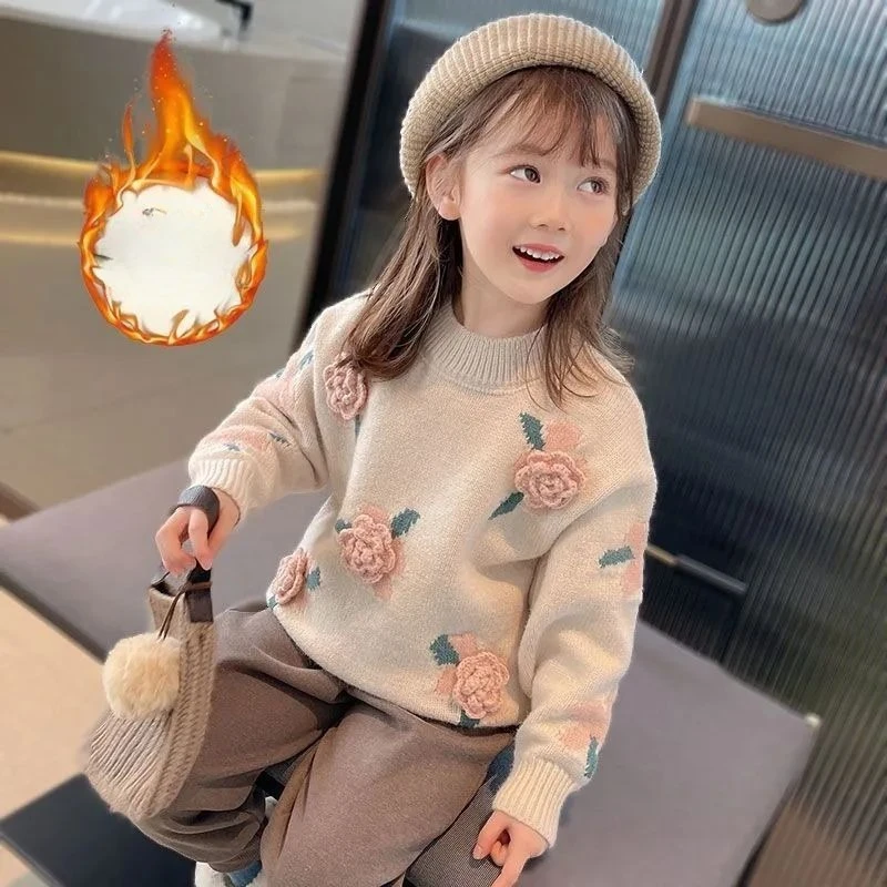 

Свитер для девочек, осенне-зимний новый утолщенный модный детский вязаный свитер, топ для девочек, милая и милая зимняя одежда для маленьких девочек