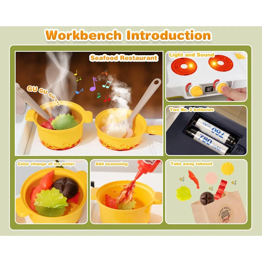 Mini crianças cozinha comida jogar conjunto simulado frutos do mar comida rápida restaurante brinquedo com caixa registradora com som de comida que muda de cor
