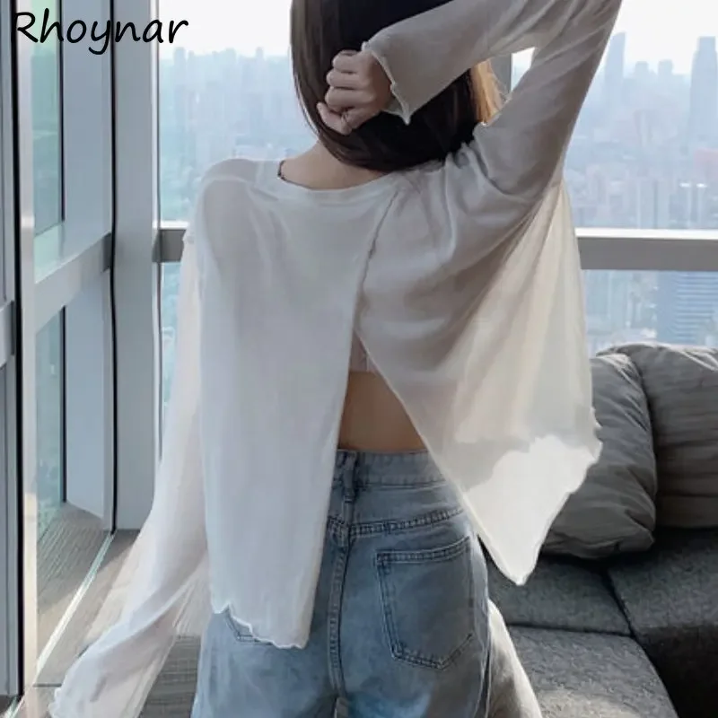 

Sunscreen T-shirts Women Back-slit Baggy Vintage Summer Streetwear Holiday Thin Breathable Casual Clothing Mujer See-through New