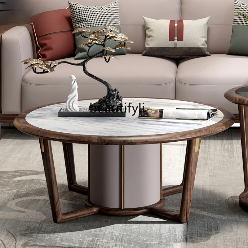 

Solid Wood round Coffee Table New Chinese Style Living Room Furniture round Tea Table Stone Plate Countertop