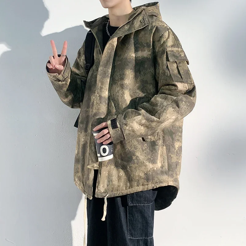 Korean Fashion Mens Oversized Camo denim Windbreaker Casual Vintage Outdoor Hooded Overall Green Military Camouflage Jacket Men