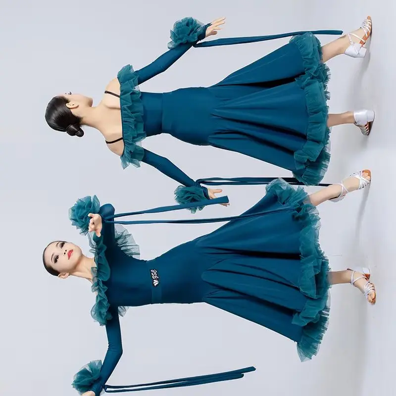 

Skirts Suit Waltz Tango Latin Modern Dance Performance Wear New Ballroom Dance Clothing For Girls Long Sleeved Big Swing