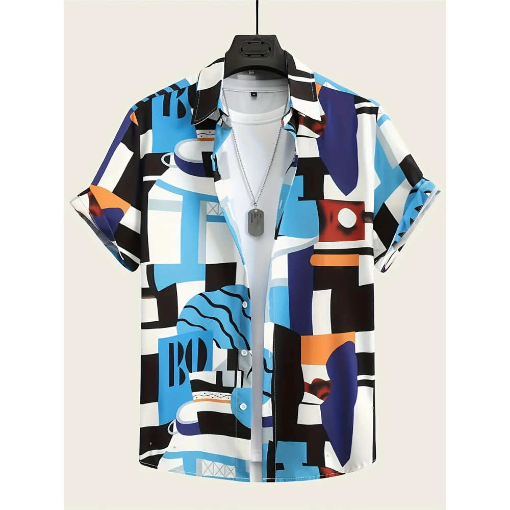 Hawaiian Shirts 3D Printed Geometry Men's Shirts Color Block Graphics Beach Vacation Short Sleeve Fashion Shirts Buttoned Tops