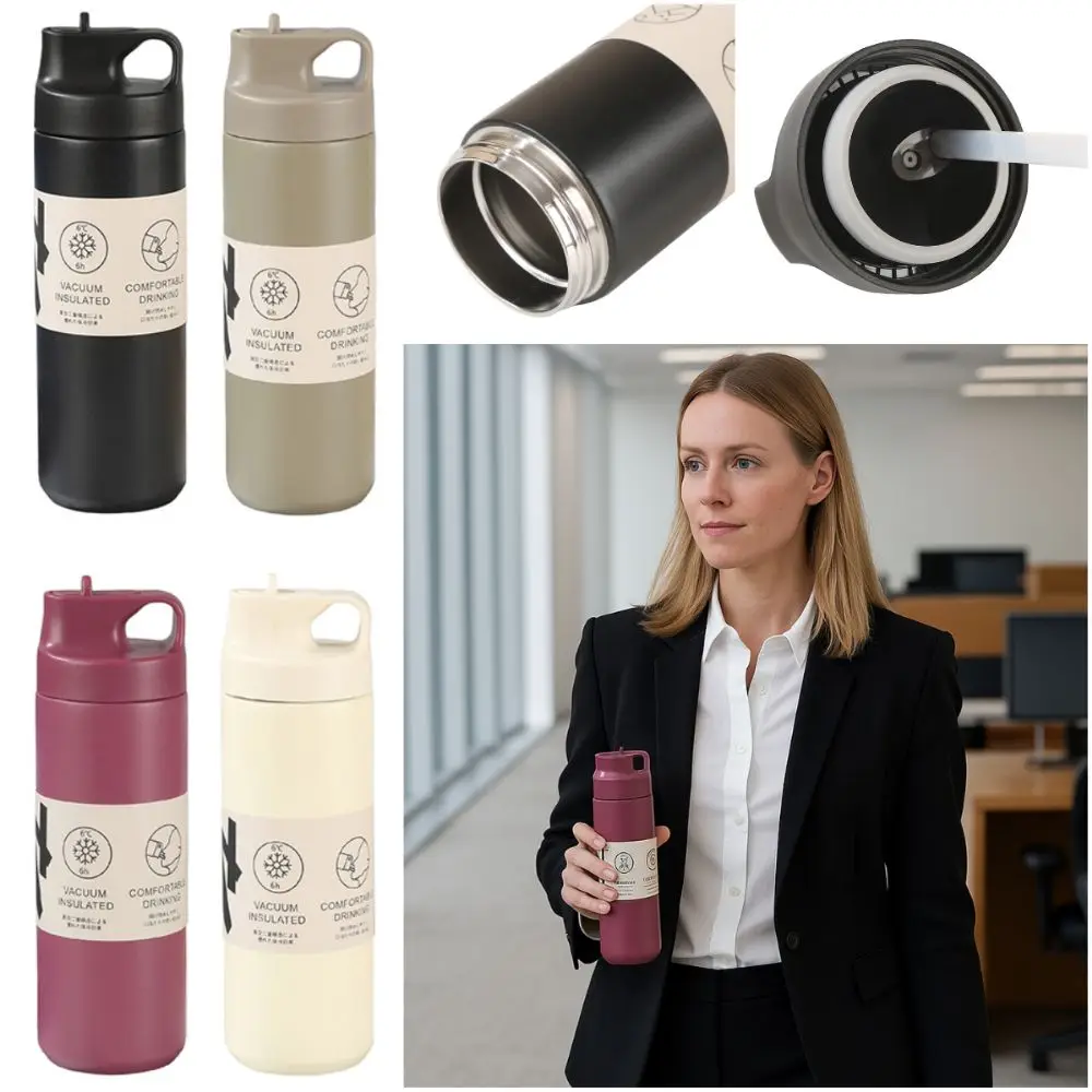 

550ml Thermal Water Bottle Multicolor 304 Stainless Steel Insulated Cup with Square Handle Lid Straw Vacuum Cup for Student