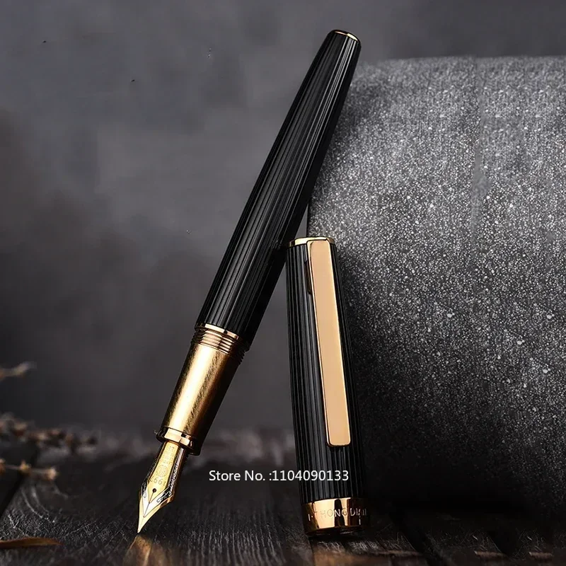 Hongdian 1845 Metal Black Fountain Pen Stainless Steel Ink Pen Beautiful Stripe EF/F Nib Office Business Writing Ink New Pen