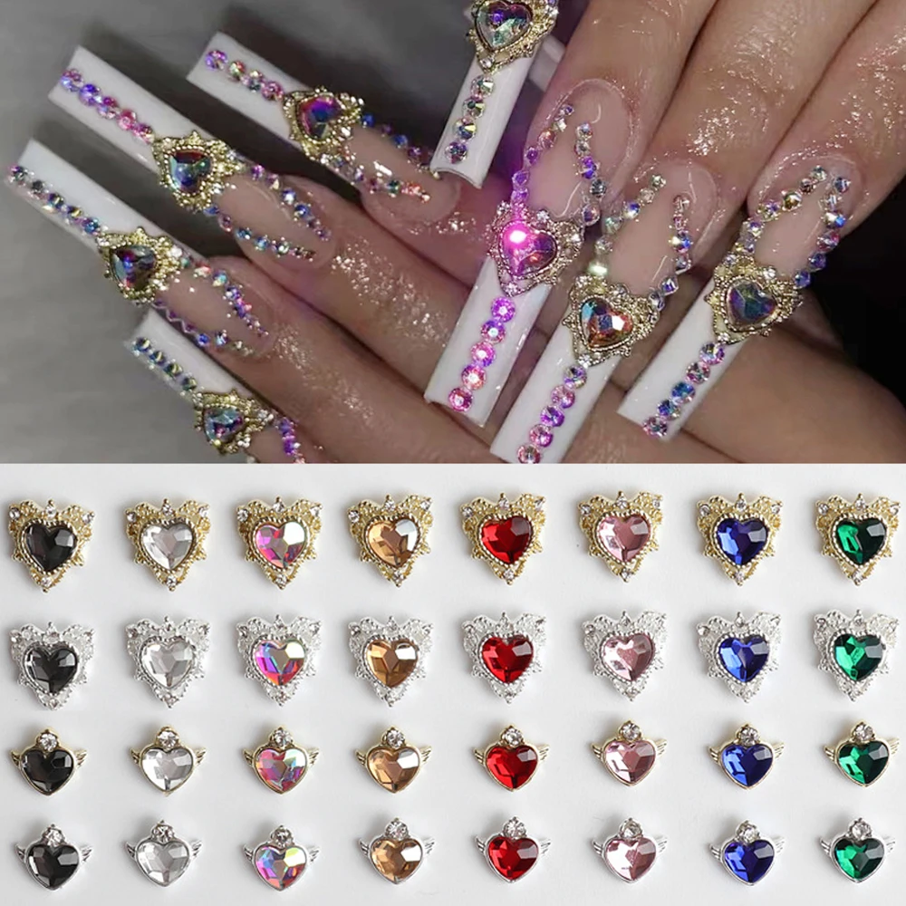 20Pcs Love Heart Gem Nail Art Decorations 3D Glitter Hearts Shape Gilding Crystal Rhinestones Nail Jewelry DIY Luxury Nail Parts