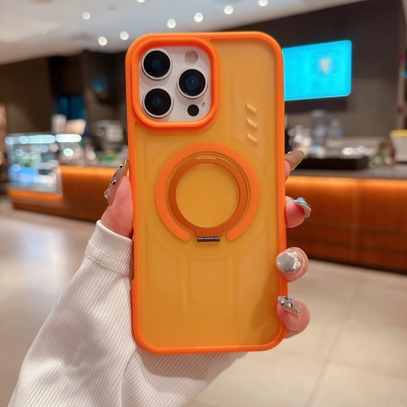 Capa de telefone com suporte magnético translúcido laranja fosco com furos de dissipação de calor para iPhone 17 16 15 14 13 12 11 Pro Max Plus