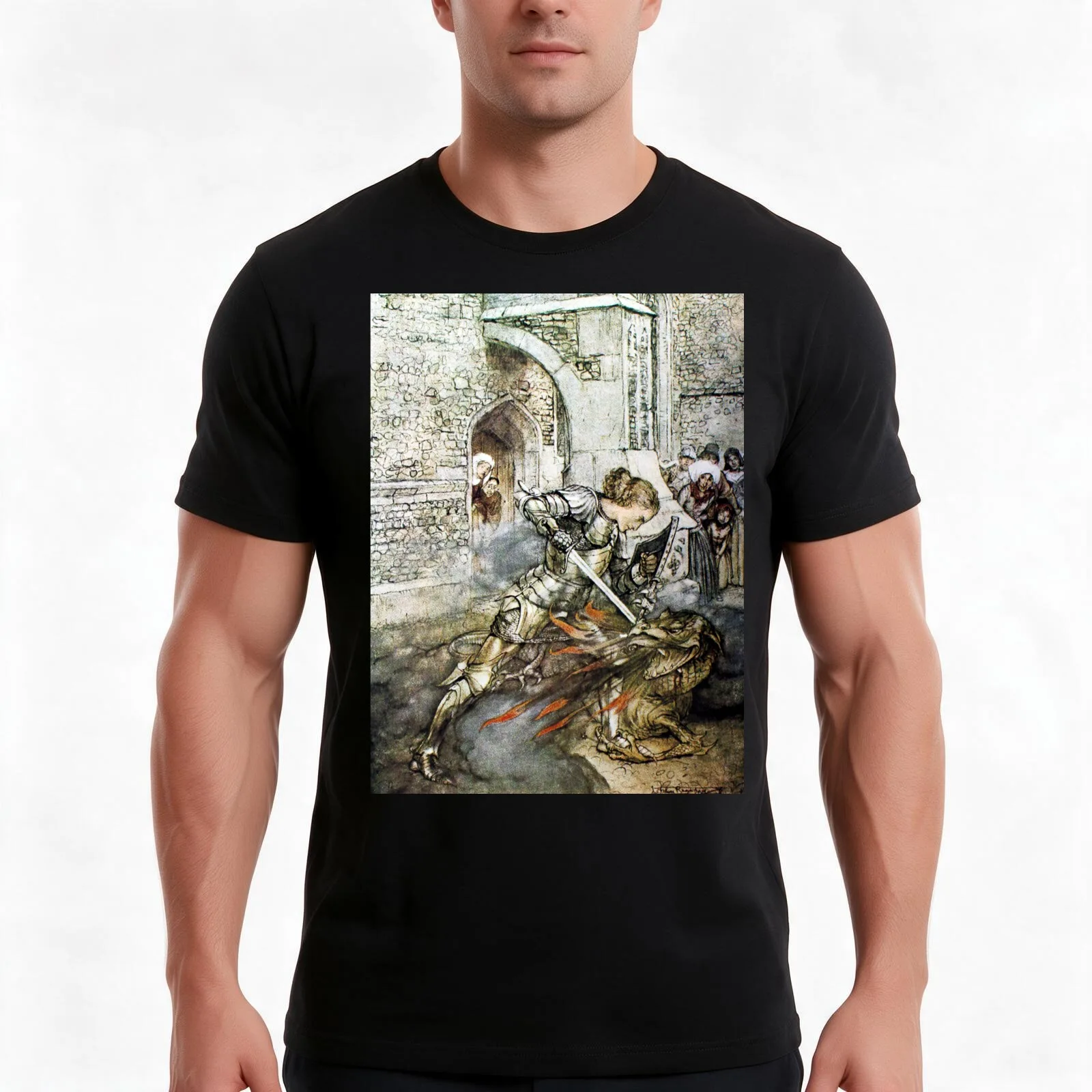 Lancelot Kills The Dragon - Arthur Rackham T-Shirt Summer Casual Cotton Tee Oversized Streetwear Tops Vintage Graphic Print