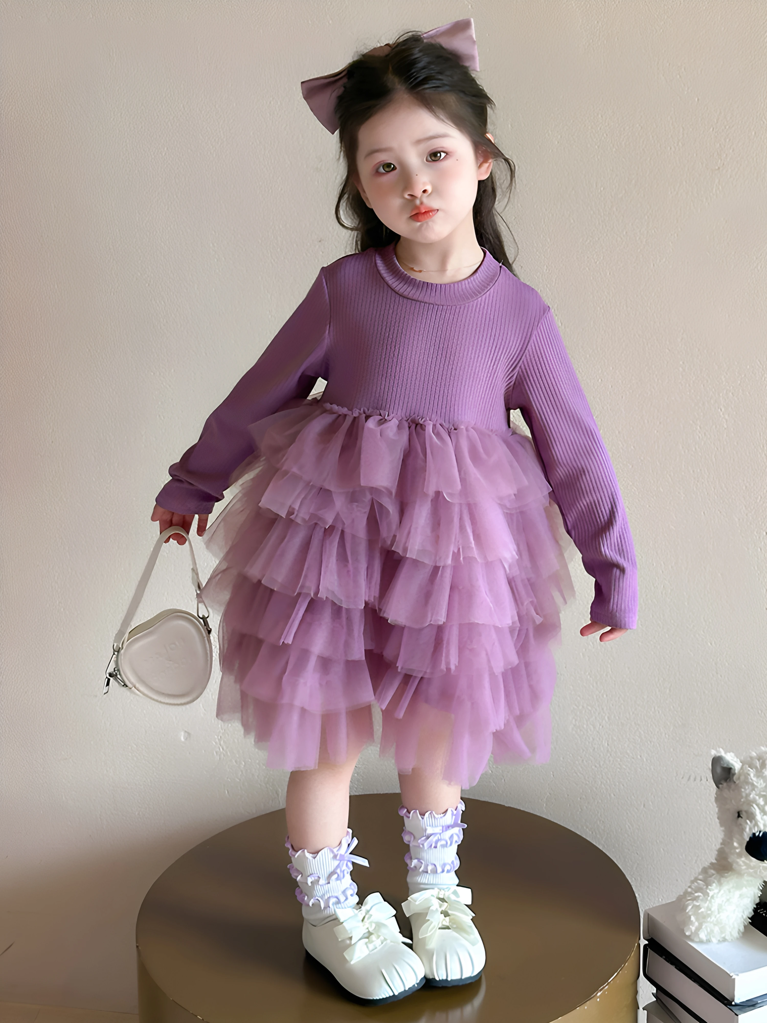 Vestido de Aniversário Estilo Princesa para Meninas com Laço de Borboleta, Manga Longa, Saia de Tule em Camadas, Roupa Infant...