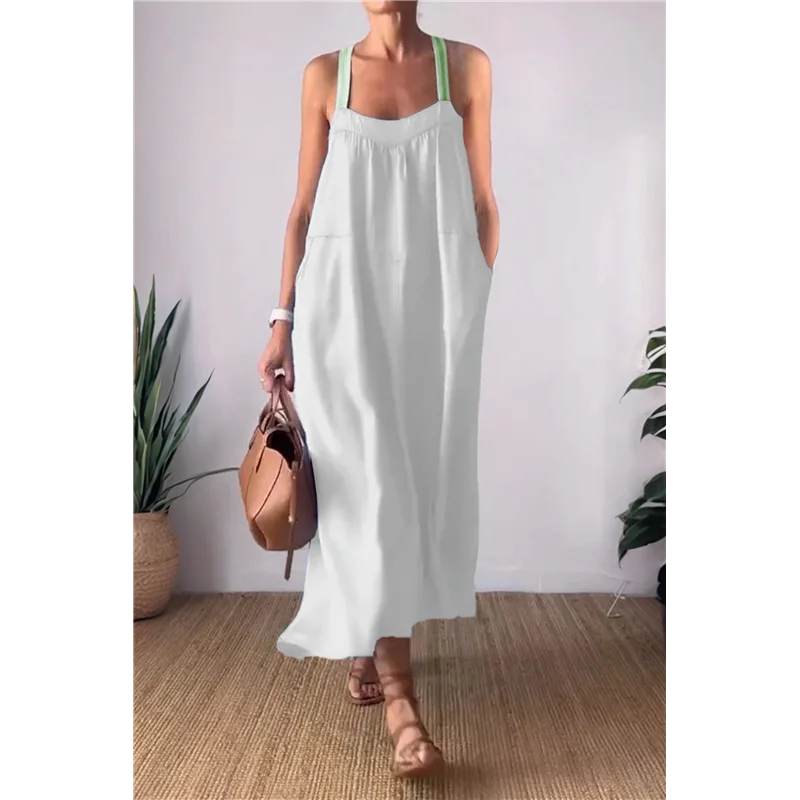 Women's Summer Cotton Maxi Dress Adjustable Spaghetti Strap Boho Casual Backless Ruffle Loose Fit Flowy Dress