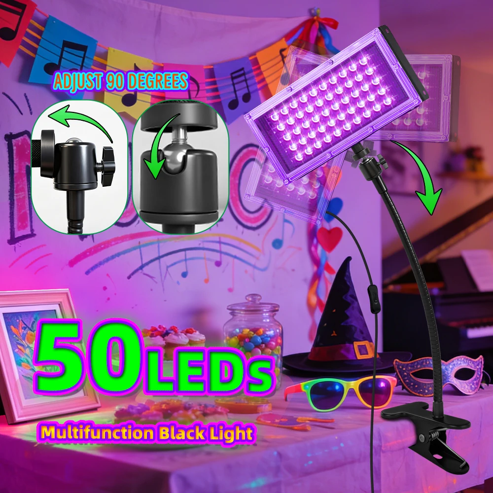 50 LEDs Black Light Lamp Clip On Flexible Gooseneck 90° Adjustable Blacklight for Party Fluorescent Poster Body Paint Decor