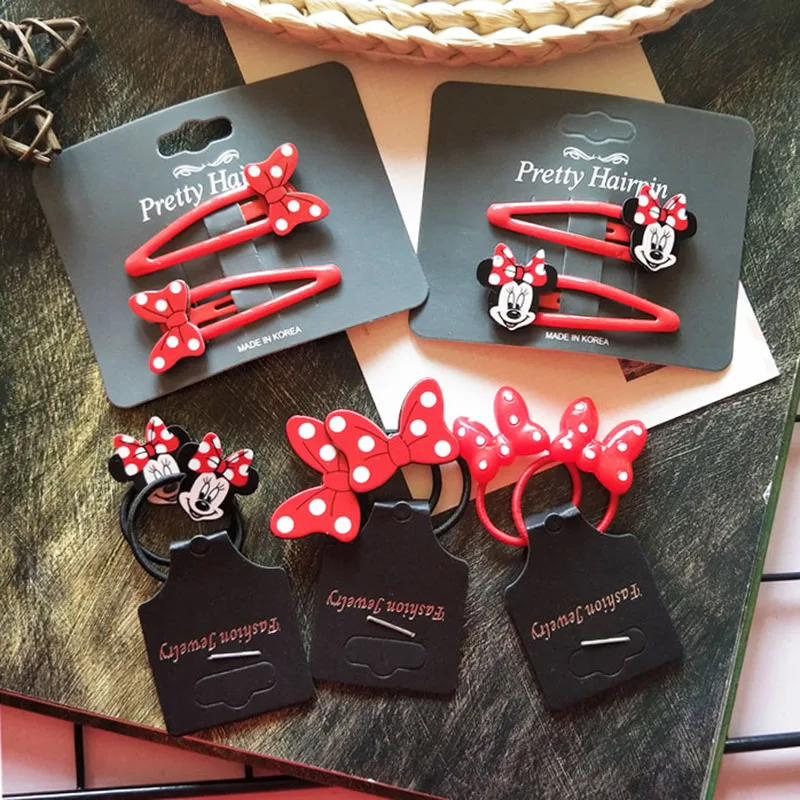 Disney Minnie Mouse Hair Rope Hairs Clip Cartoon Figures Barrettes Rubber Band Hairpin Elastic Headwear Girls Hair Accessories