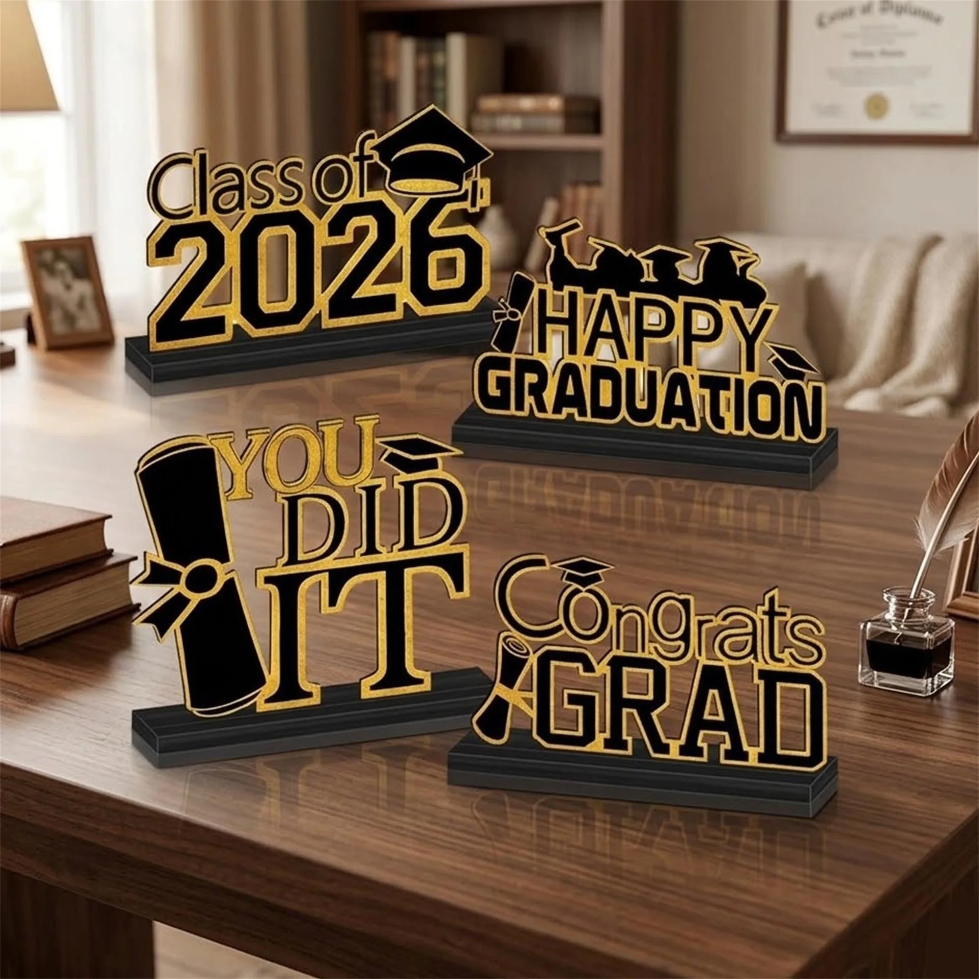 2026 Graduation Party Decoration Wooden Bachelor Hat Letters Desktop Ornament Table Centerpiece Celebration Decor