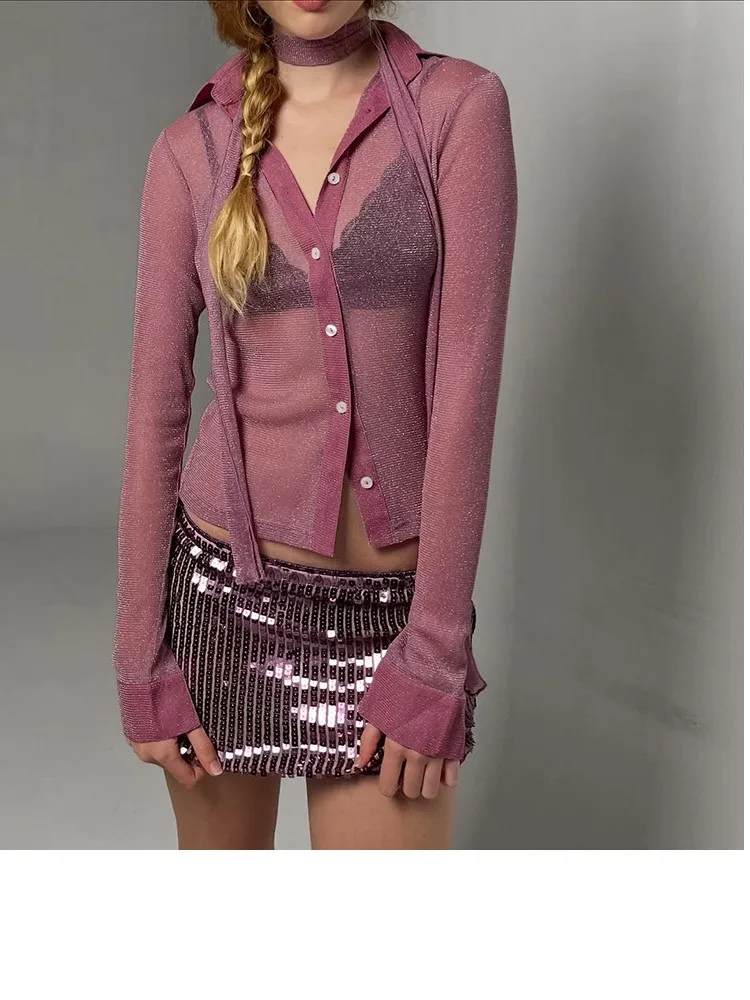 New Women's Clothing Fine Glitter T-shirt Tops Long-sleeved Shirt Cardigan Bodycon solid Color Fashion Foreign Style All-match