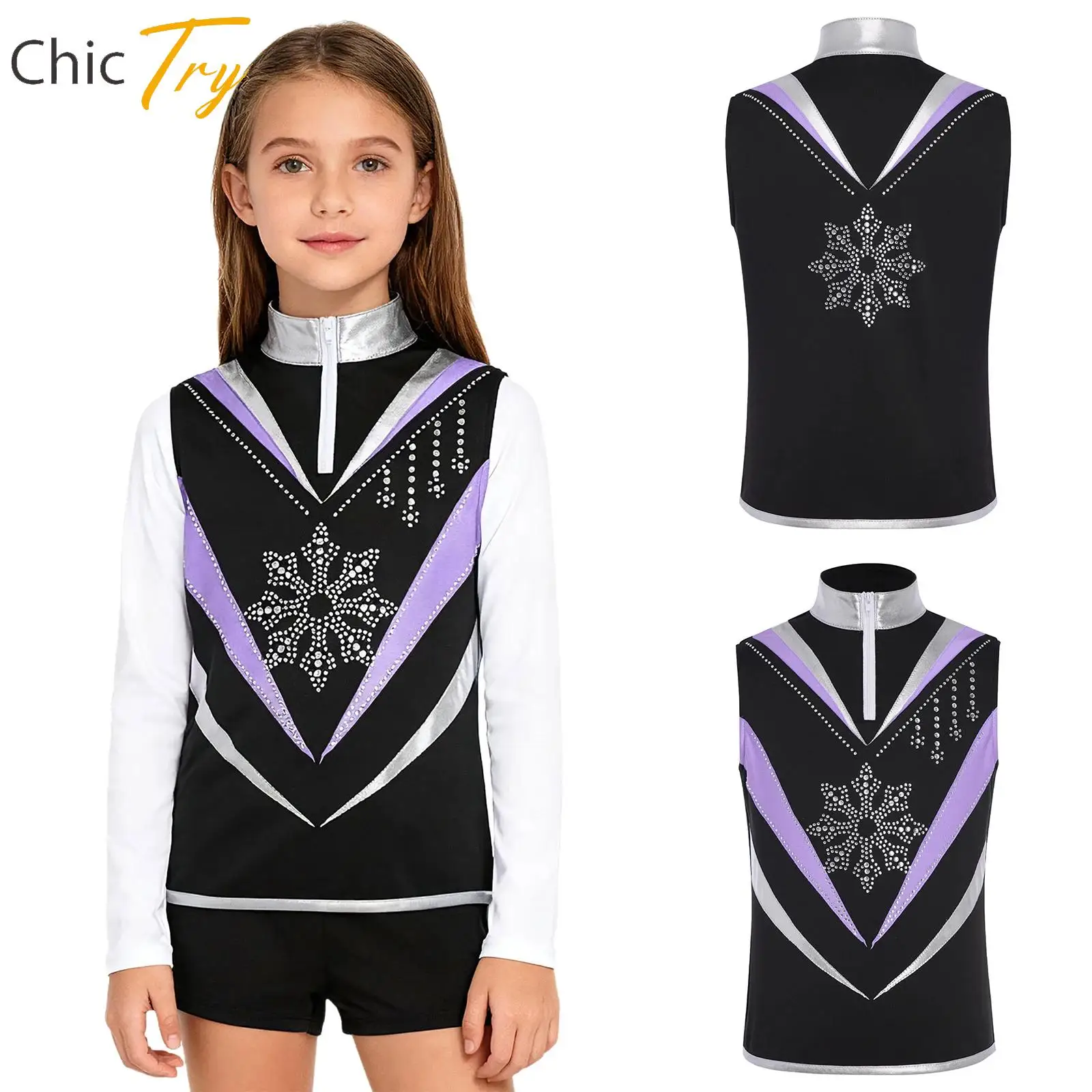 

Kids Figure Ice Skating Dance Performance Costume Vest Sleeveless Shiny Snowflake Contrast Color Training Practice Tank Top