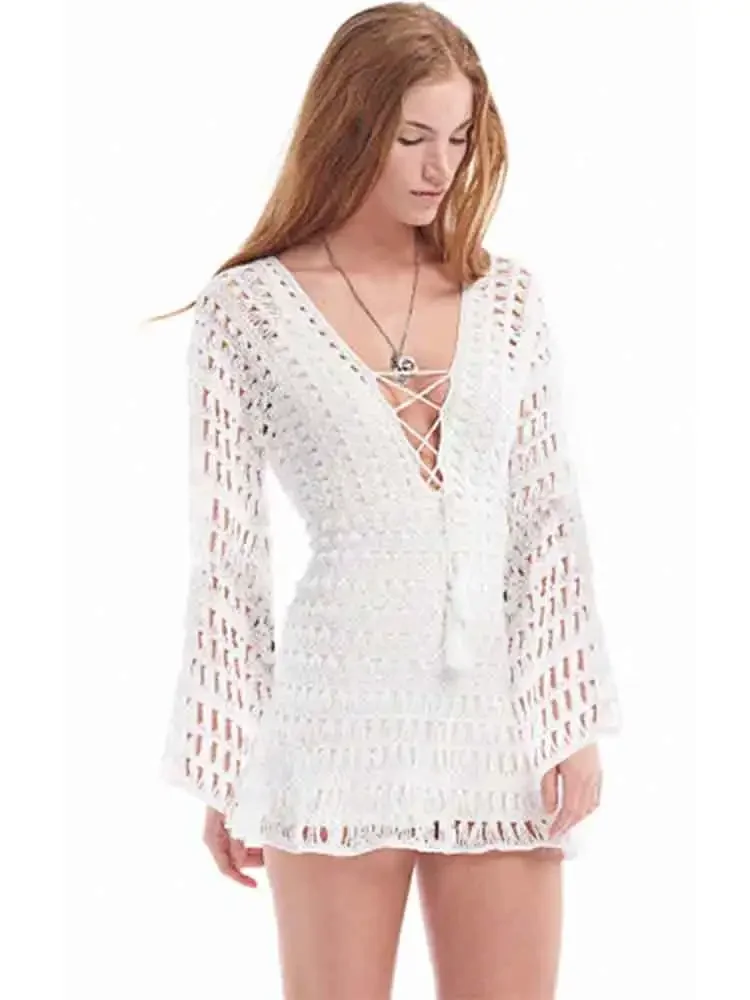 Chic Knit Tassels Cut Out V-neck Long Sleeve White Beach Mini Dress 2024 Women Sexy Summer Vacation Swimwear Cover Up Tunic K27